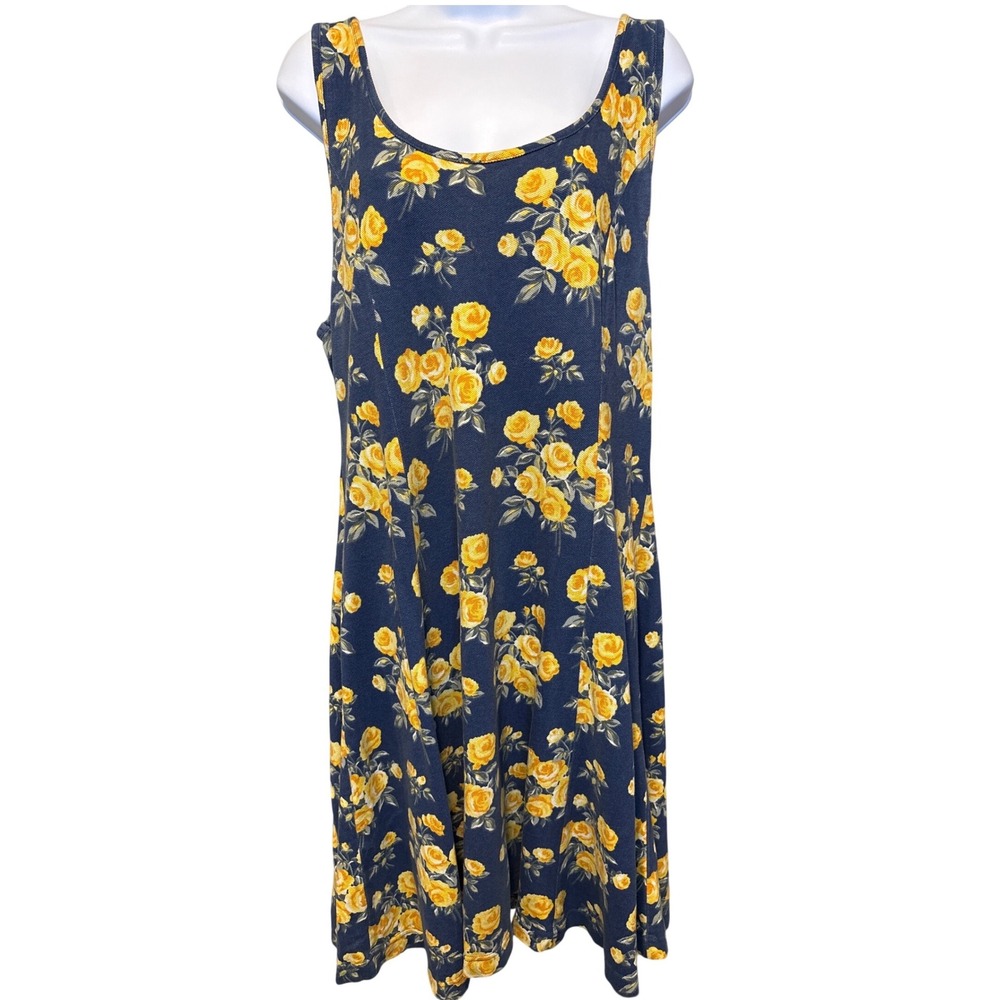 Vintage Liz & Co Womens Blue Floral Knit Dress Sz L 90s Sleeveless Yellow‎ Roses
